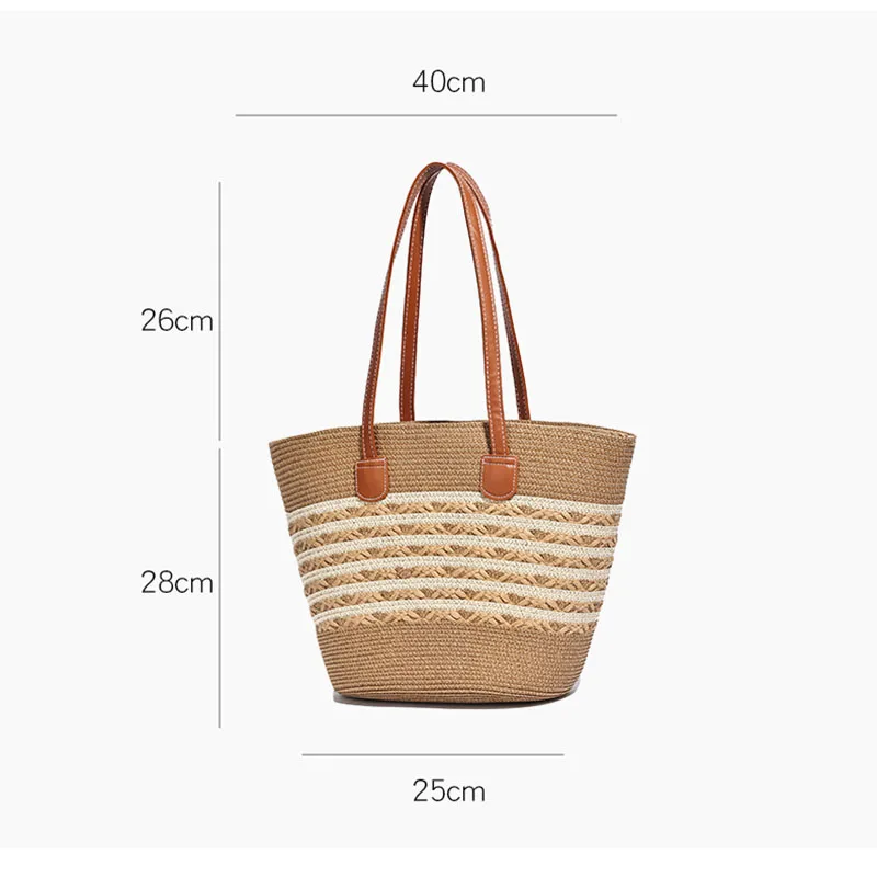 2026 Summer New Striped Straw Woven Bag Premium Handmade Embroidery Pattern Large Capacity Shoulder Tote Beach Vacation Chic
