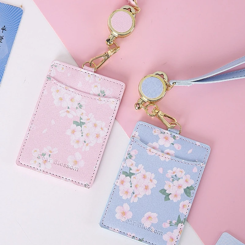 E74B FlowersPU Leather Bus Credit Card Holder for Case Portable Badge Retractable Neck Strap Lanyard