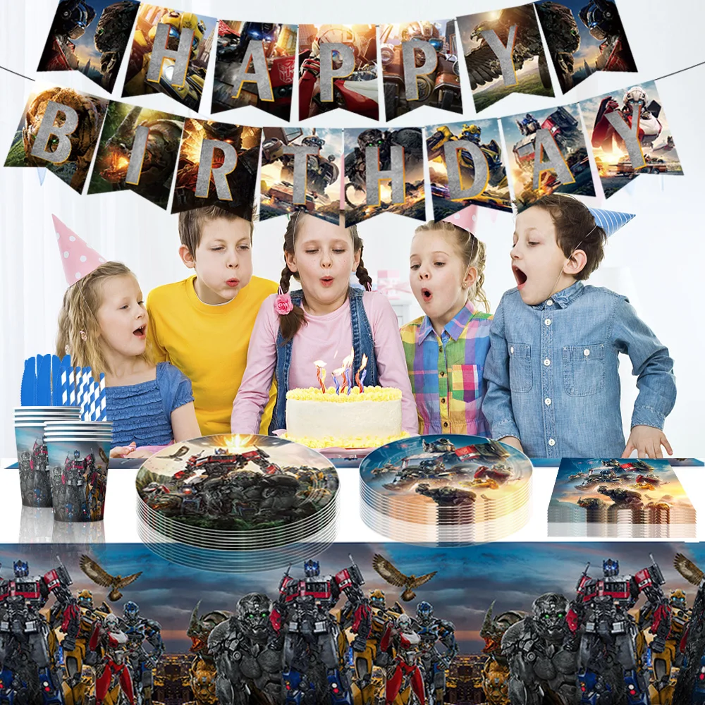 Transformer Birthday Decoration Cake Topper Decor Boys Transform Birthday Party Supplies Paper Tableware Foil Balloons Set