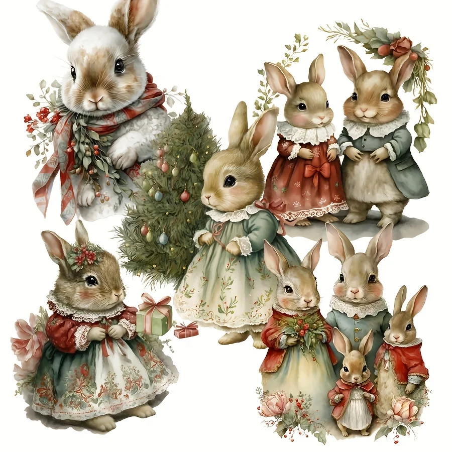 90-102pcs Christmas Sticker with Victoria Time Fashion Dress,Cute Rabbit,Snowman Family,with Pinenut, Scrapbooking, Junkjournal