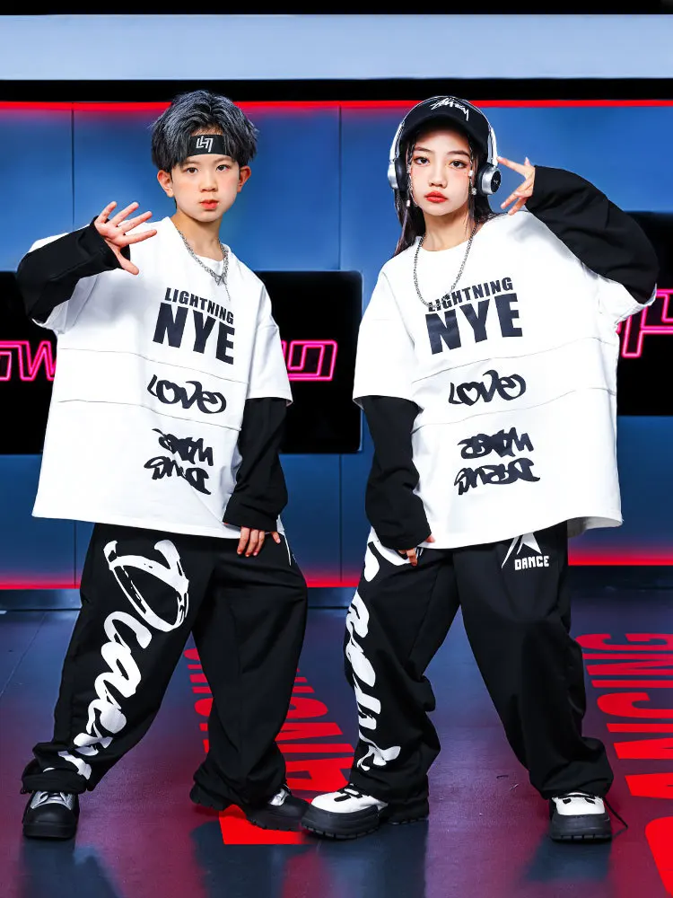 

Kid Cool Hip Hop Clothing White Oversized Letter Sweatshirt Top Black Casual Sweat Pants for Girl Boy Jazz Dance Costume Clothes