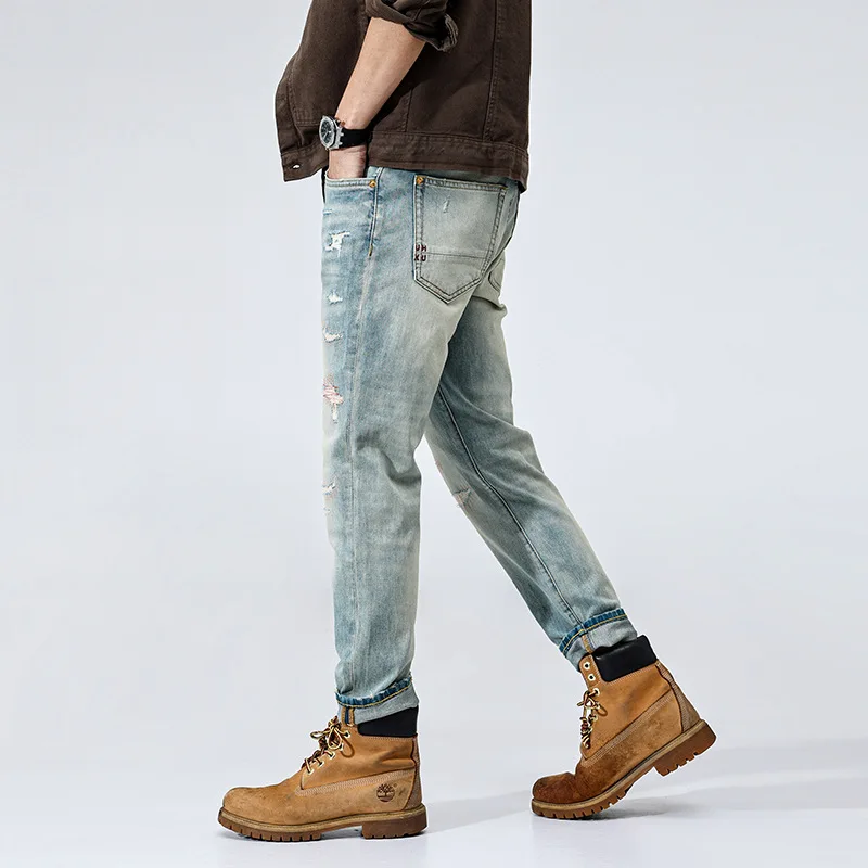 夏の高品質ミニマリストスリムフィットライトブルージーンズ若い日本人快適な男性カーゴパンツ男性メンズリッピングジーンズ