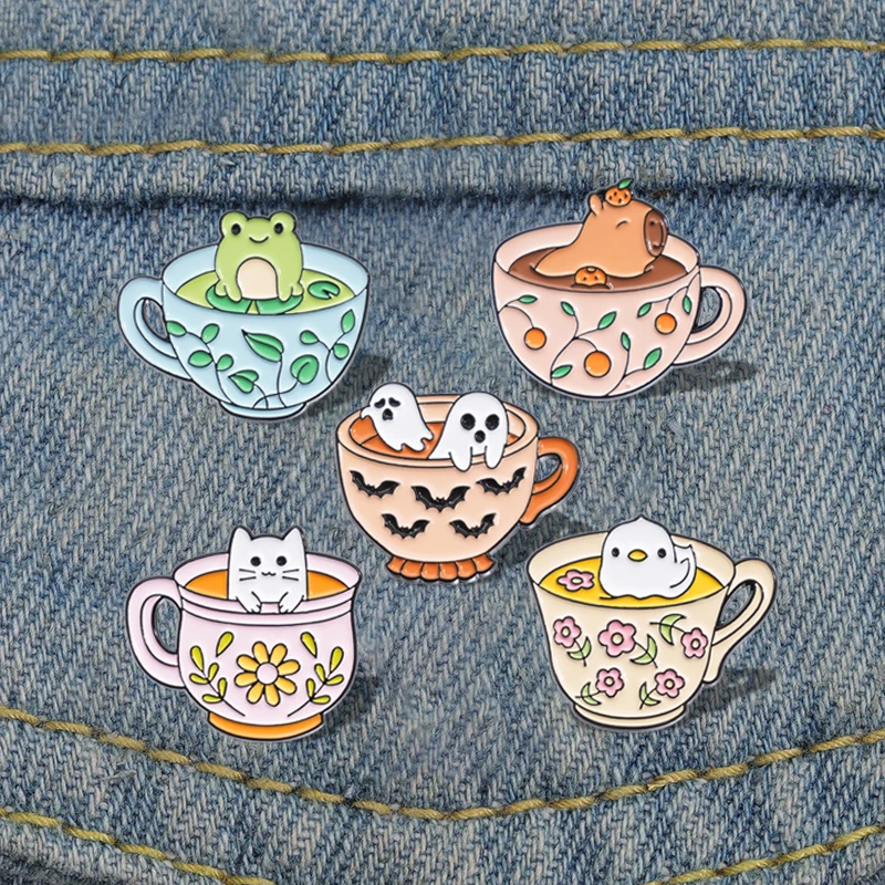 Creative Coffee Cup Animal Collection Enamel Pins Ghost Duck Capybara Frog Brooch Lapel Badge Cute Halloween Jewelry Kid Gift  ﻿