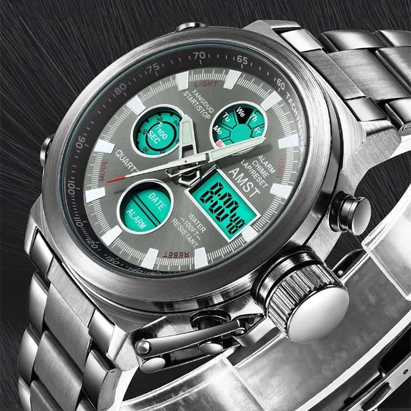 AMST Watch Multi-Function Double Display Men'S Student Sports Electronic Watch Mountaineering Steel Belt Watch