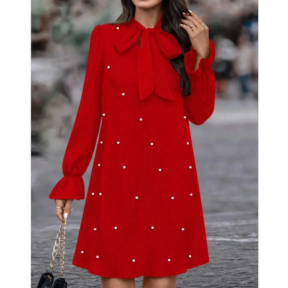 Girl's Red 2025 Women's Spring New Fashion Casual Lace up Nail Bead Long Sleeve Splicing Solid Color Loose Bow A-line Dress