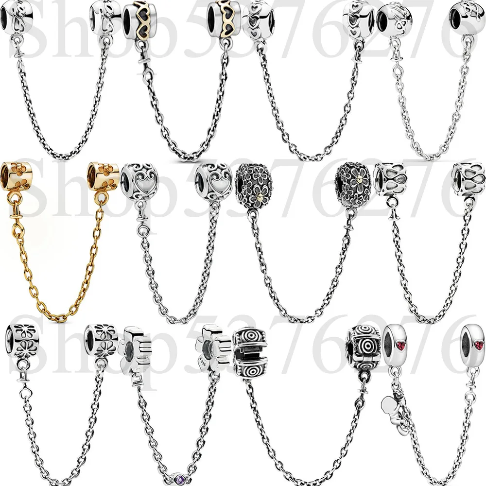 925 Sterling Silver Bead Love Always Family Ties Heart Safety Chain Charm Fit Fashion Women Bracelet Bangle Gift DIY Jewelry