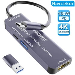 Navceker USB 3.0 Video Capture Card With 100W PD For Meta Quest 3 iPad HDMI to USB/Type-c Gaming Live Streaming Video Recorder