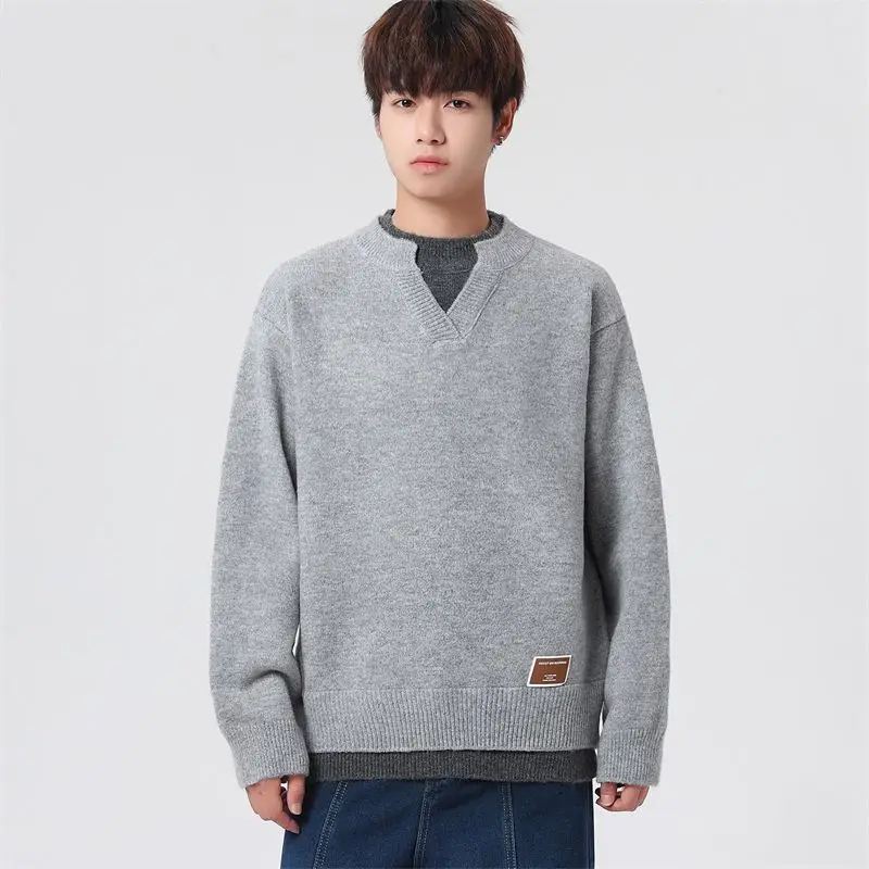 

Мужской утепленный свитер с воротником, осенне-зимний базовый слой, вязаный топ, модный трендовый брендовый топ из материала PU Cleanfit