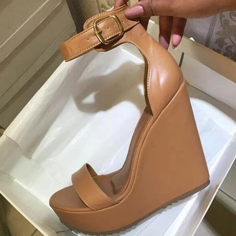 Nude Leather Women Wedge Sandals Open Toe Ankle Strap High Platform Summer Sandals Shoes Cut-outs Thin Heels Dress Shoes