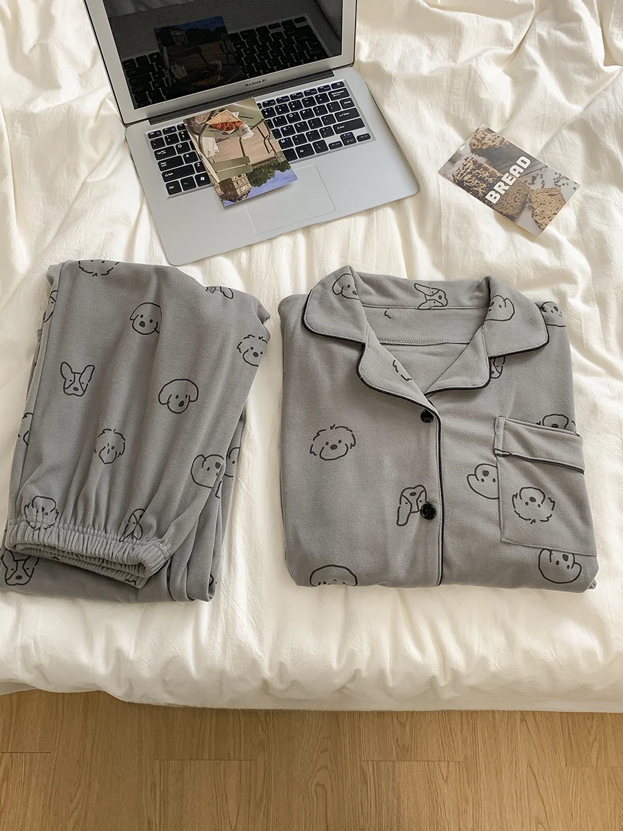 

Пижамы для пар с рисунком собаки, пушистый бархат, теплый воротник, открытый кардиган, домашняя одежда, длинные брюки све, осень-зима