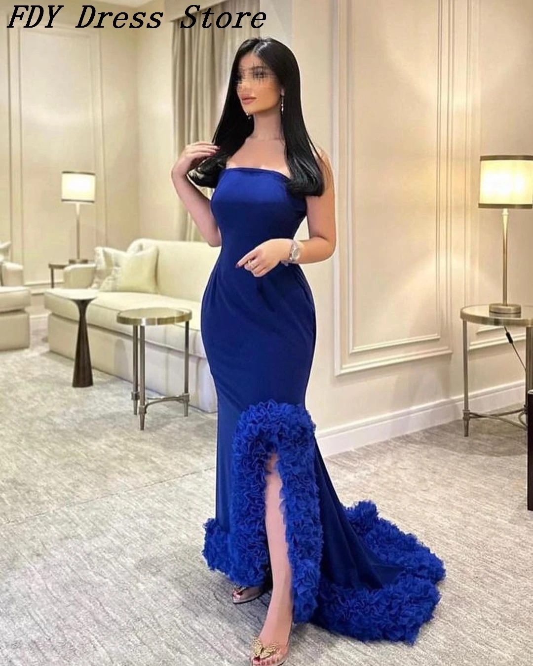 

Formal Occasion Dresses 2024 New Mermaid Royal Blue Prom Dresses Strapless Ruffles Side Split Floor Length Evening Dresses