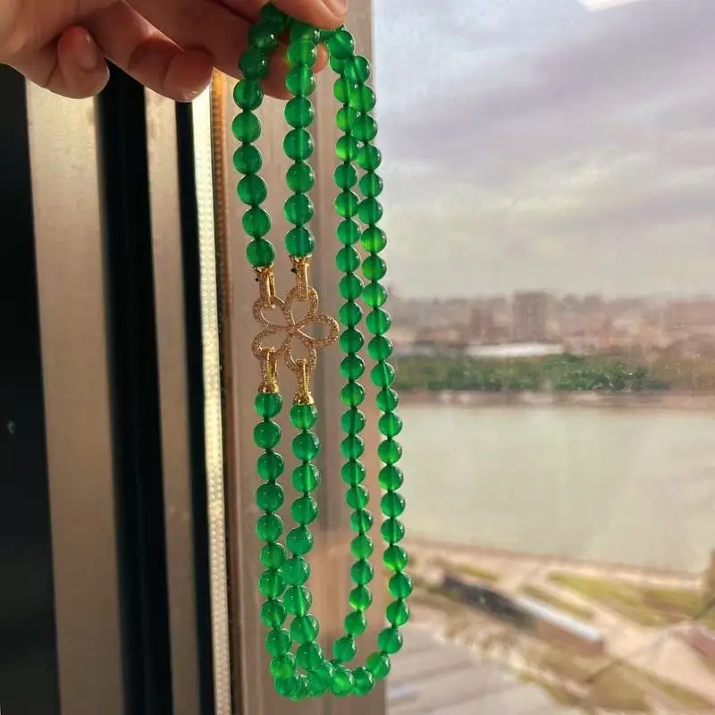 High-quality lustrous glass-like natural green chalcedony necklace with a double-layer design and detachable elements offering