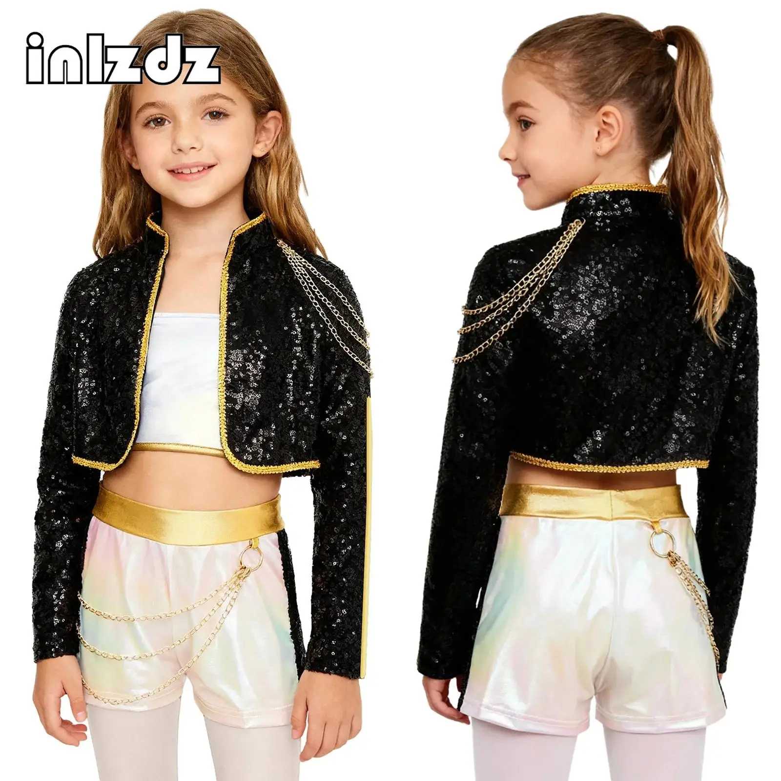 

Girls 3Pcs Demon Cosplay Singer Outfit Iridescent Gloss Crop Top+Sequins Outer Wear+Waist Chain Shorts Suit for Halloween Party