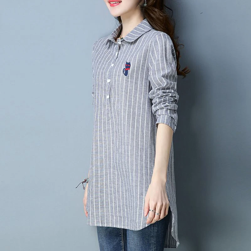 Women\'s Cotton Shirt Spring Autumn Wear Korean Version Loose Embroidered Stripes Medium Length Doll Neck Blouse for Women