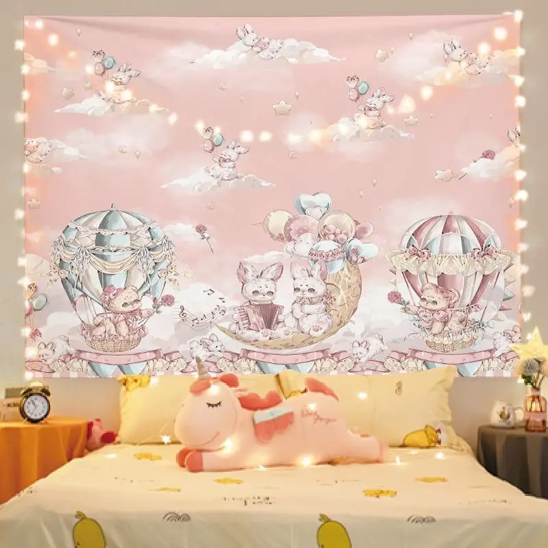 VIKAMA Pink Polka Dot Lolita Little Bear Rabbit Tapestry, Sweet Bow Cute Pet Wall Hanging for Bedroom Living Room Decor