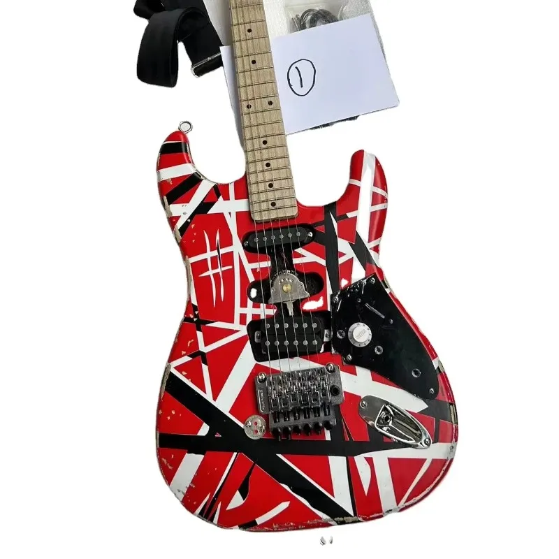 

Heavy Relic Electric Guitar, Red Frank 5150, Black White Stripes, Floyd Rose Tremolo Bridge, Edward Eddie Van Halen