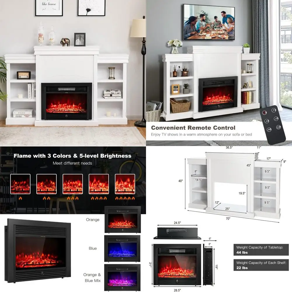

70 Fireplace TV Stand with 750W/1500W Heater, Remote Control, Timer, 5-Brightness Settings