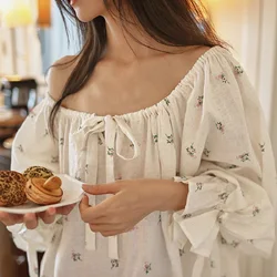 Vintage Soft Cotton Floral Beige Long Nightgowns For Women Long Sleeve Elegant Nightshirts Comfortable Loose Sweet Night Dress