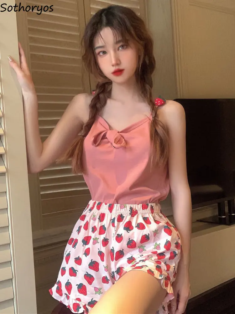 Sleeveless Pajama Sets Women Strawberry Lovely Home Comfortable Breathable Simple Creativity All-match Leisure Korean Style New