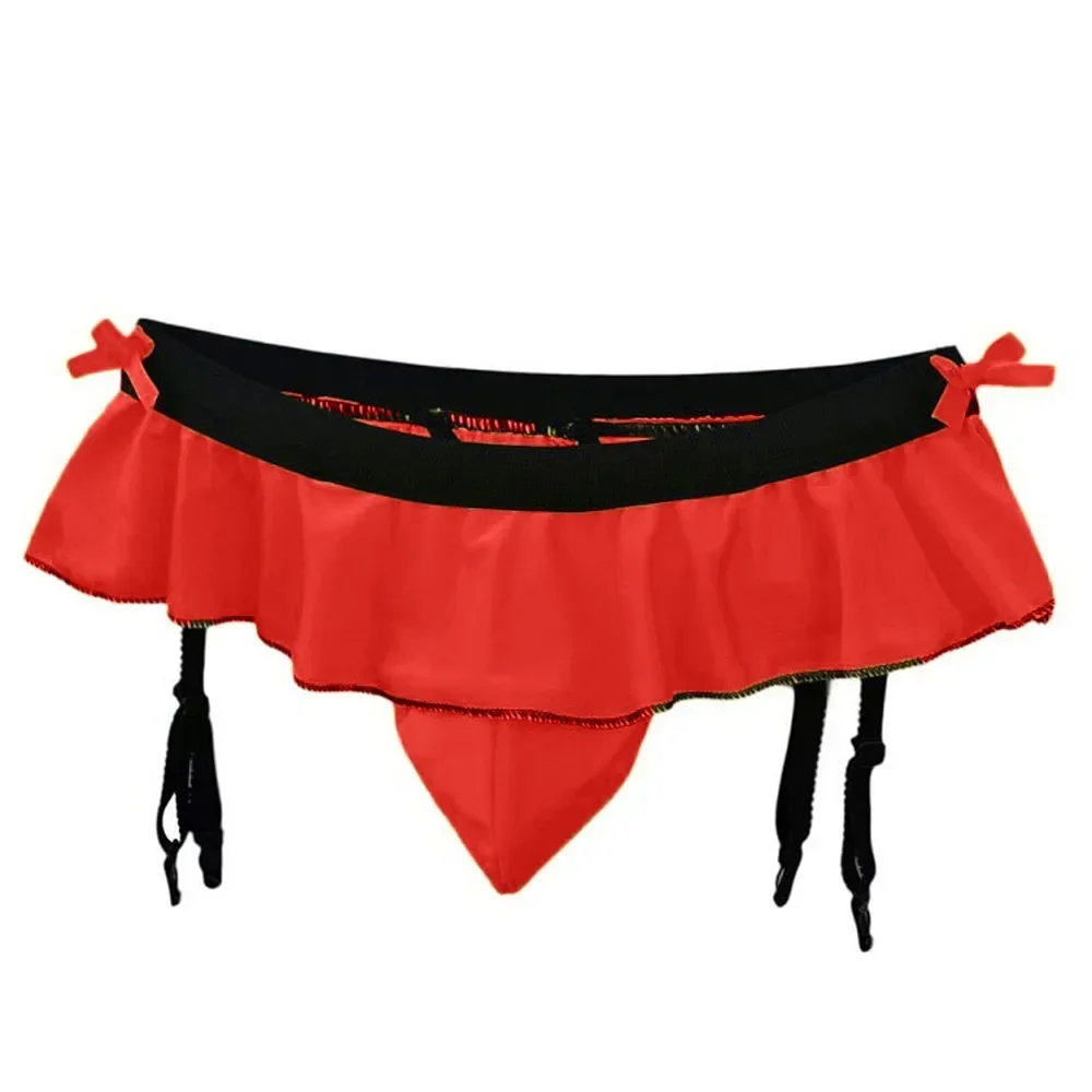 Men's Erotic Pantie Sissy Sexy Ruffled Erotic Skirts Lingerie with Garters 4 Sock Clip for Stocking Gay Fun Bulge Pouch G-String