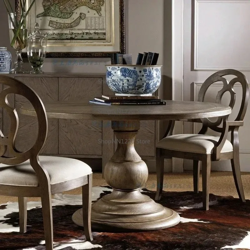 

American country all solid wood round dining table and chair combination retro oak dining table and chair furniture9344