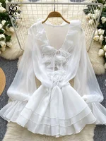SINGREINY 3D Floral Beach Short Dress Female Long Sleeves Lace Up Ruffle Chiffon Cake Sundress Sheer Sexy Vintage Bohemian Dress - Image 6