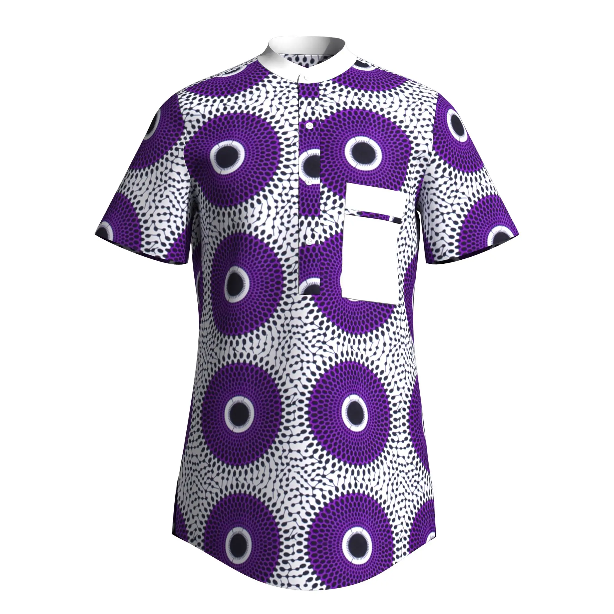 Men African Kente Print Short Sleeve Henley Shirt Mandarin Collar Button‑Down Casual Shirt with Pocket Ankara Wax Print Wyn2066
