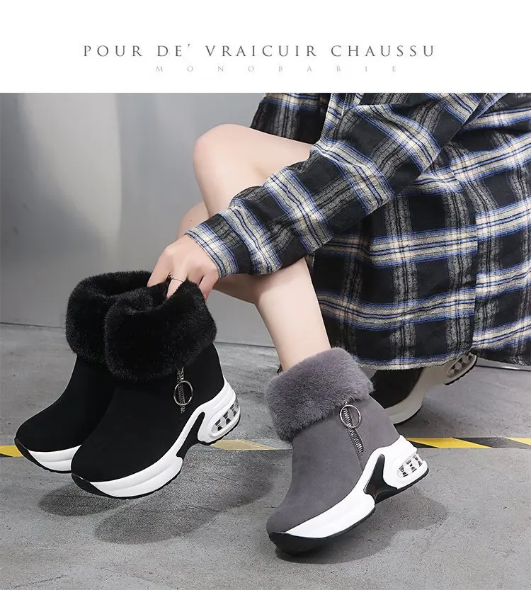 Bottines de neige en cuir à talons hauts pour femme, chaussures d'hiver chaudes et pelucheuses