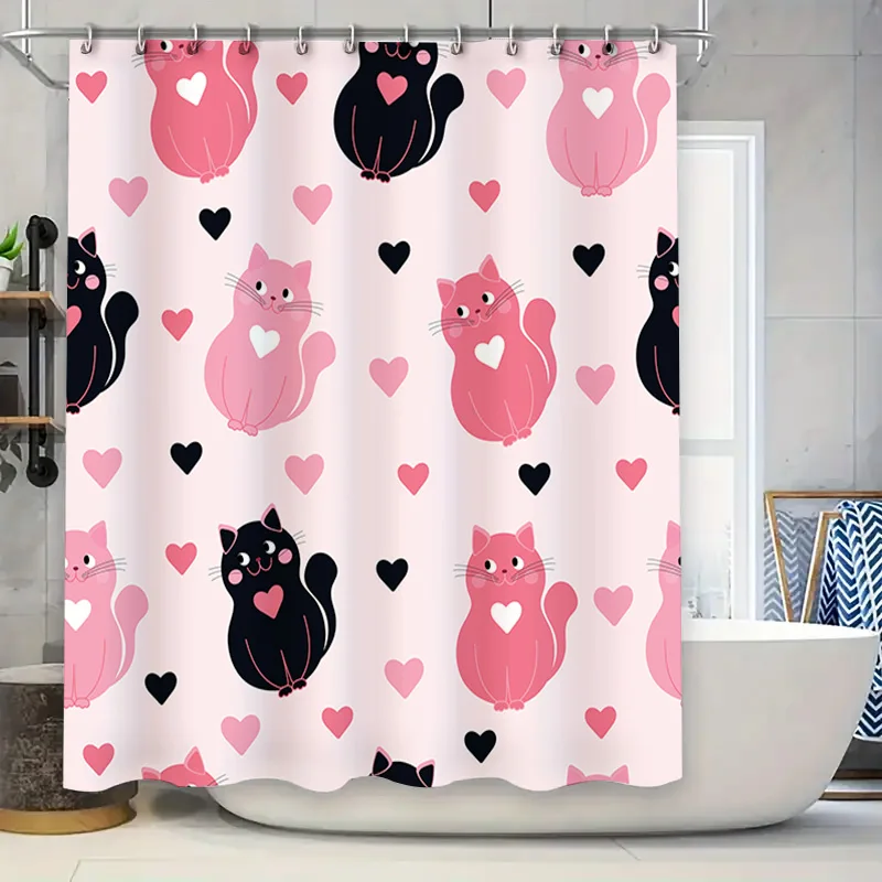 

Занавеска для душа с розовым котом, черно-розовая занавеска для душа с принтом в виде сердечек, декор для ванной комнаты, полиэстеровые водостойкие занавески для душа для домашних ванных комнат