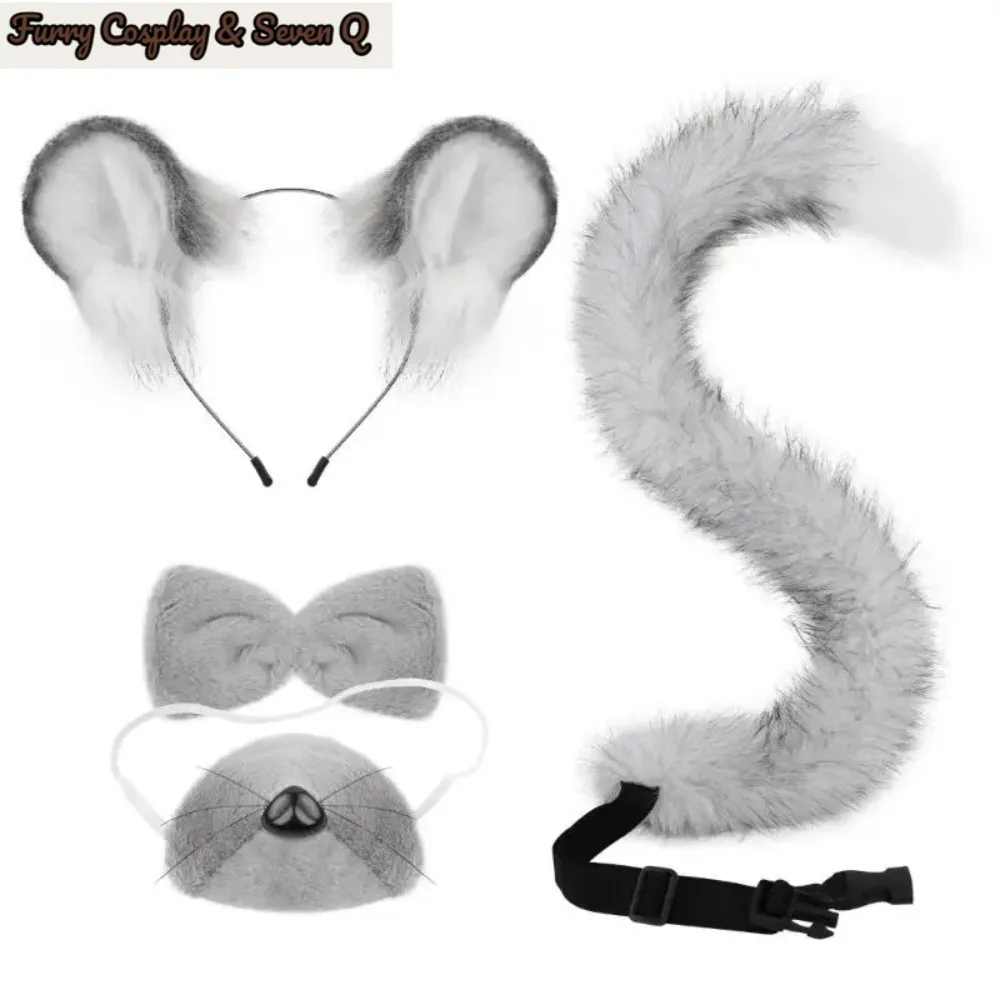 Four Piece Mouse Costume Set for Adults with Plush Ear Band, Tail, Neck Tie and Nose Accessory for Party Use Photos 3