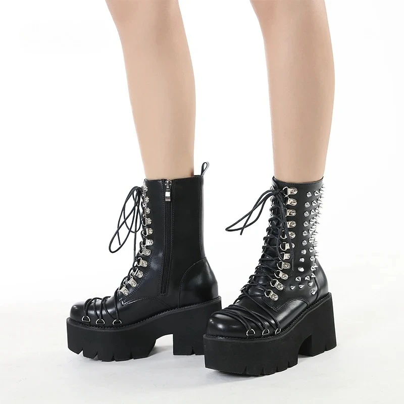Women Motorcycle Punk Boots Mori Girl Lady Lolita Boots Woman High Top Boots Platform Fashion Rivets Goth Dark - view 2
