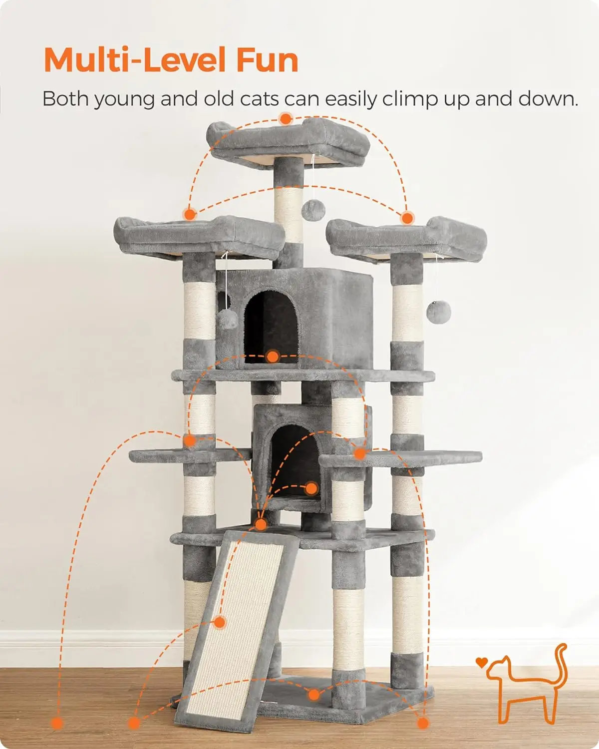 New 67-Inch Multi-Level Cat Tree for Large Cats, with Cozy Perches, Stable, Light Gray