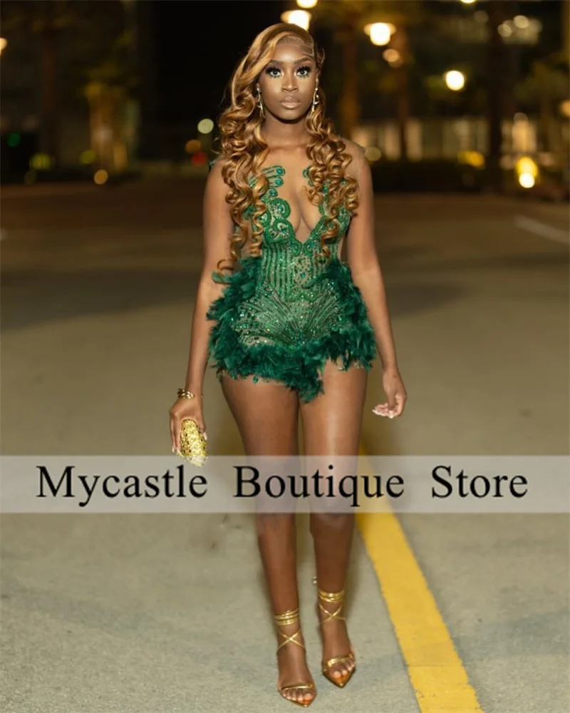 Green Feathers Diamond Short Prom Dress For Black Girl 2024 Sexy Crystals Rhinestone Mini Cocktail Dresses Birthday Party Dress