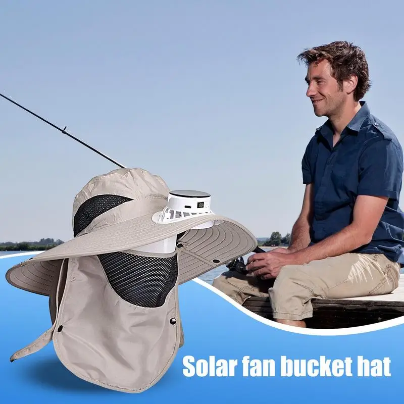 

Breathable Fisherman Hat USB Wide Brim Sun Hat With Solar Powered Fans Anti-UV Waterproof Headwear For Beach Outdoor Fishing