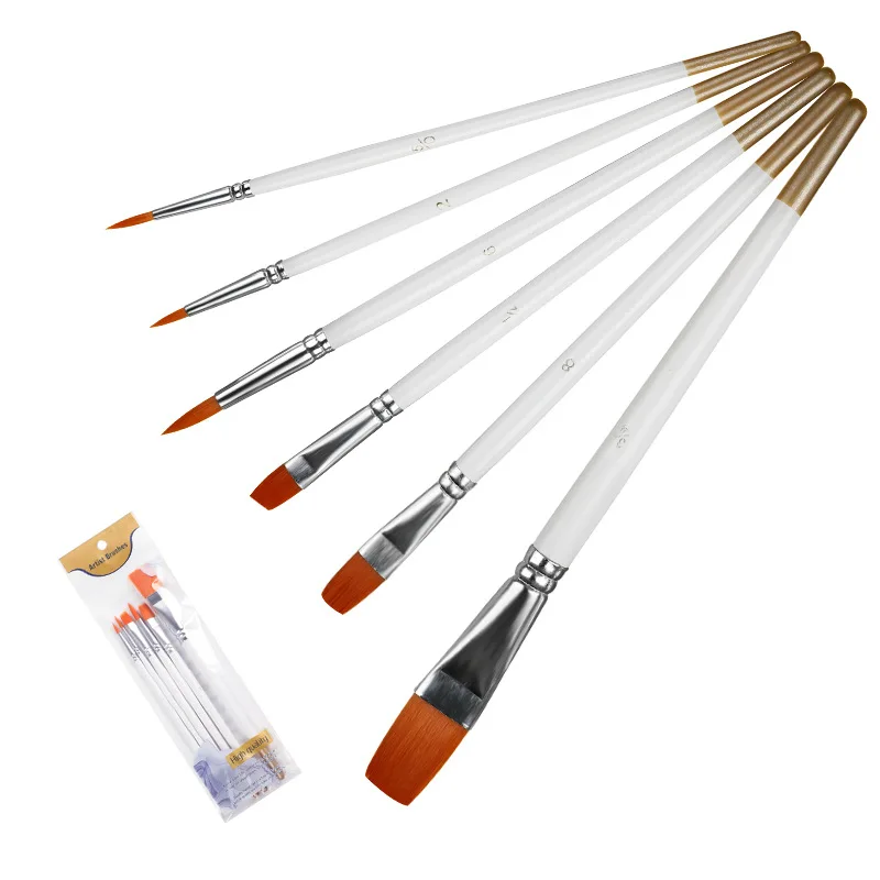 6pcs White Handle Artist Painting Brushes Set Nylon Hair Paint Brushes for Watercolor Acrylic Oil Gouache Painting brushes Kit