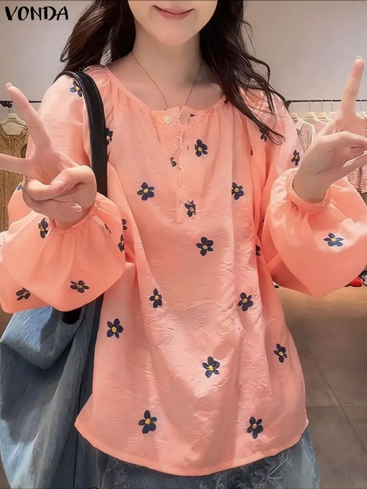 2026 VONDA ボヘミアン女性花柄ブラウス春のファッションシャツロングパフスリーブ O ネックカジュアルチュニックトップス Blusas Femininas