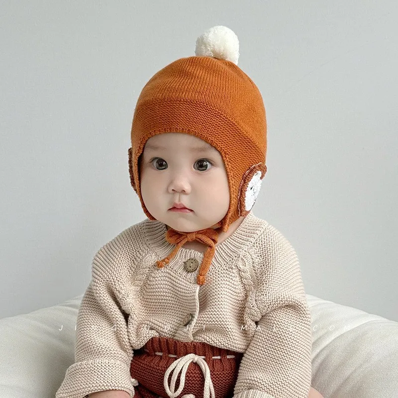Gorro de bebé para otoño e invierno, gorro de punto cálido con dibujos animados para bebé, gorro grueso con protección para los oídos, gorro de lana para bebé de pequeña edad