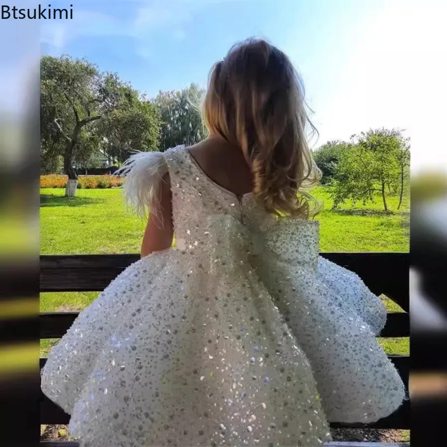 2026 Baby Girls' Dresses Children's White Glitter Feather Sequins Baby Princess Tutu Dress Birthday Party Children's Clothing view 3