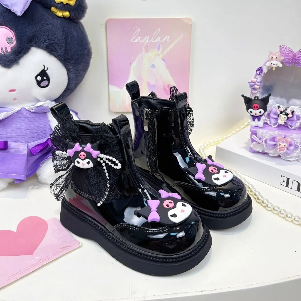

Kawaii Kuromi Autumn Winter Girl Cotton Boots Sanrio Children Lovely Cartoon Martin Boots Student Thermal Cotton Shoes Gifts