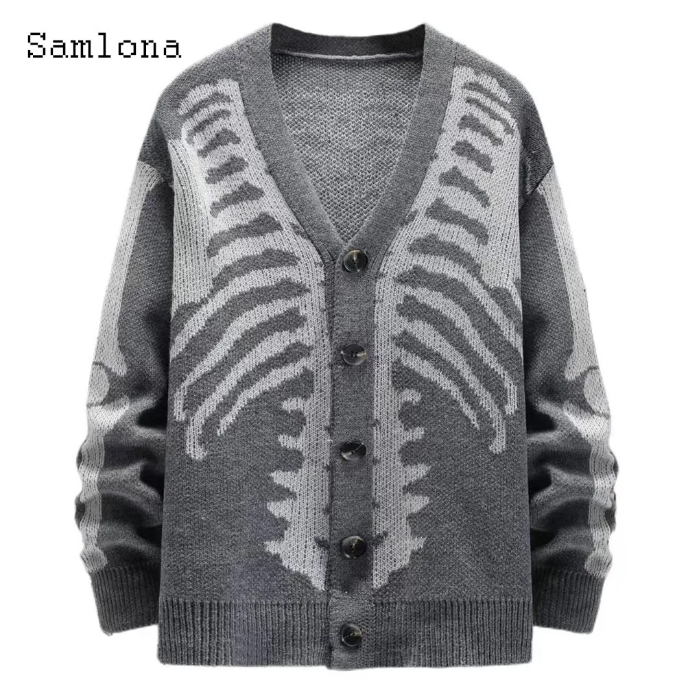 プラスサイズメンズカジュアルレトロニットセーター 2025 ハロウィンゴシックファッションスカルプリントトップカーディガンメンズノーカラーセーター新