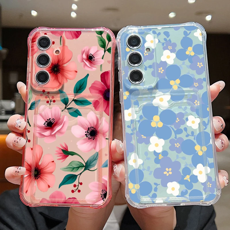 Card Pocket TPU Phone Case For Samsung Galaxy S26 S25 S24 Ultra S23 S25 FE A57 A37 A17 A56 A55 A16 A54 Blue Flower Printed Cover