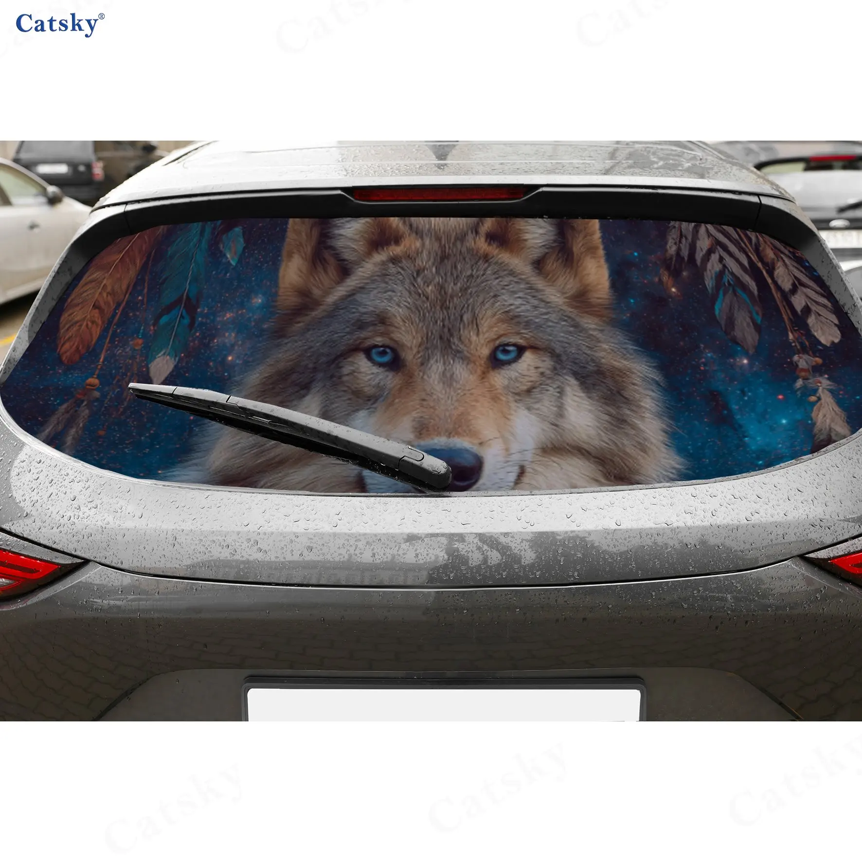 

Wolf Starry Native American Wild PVC Perforated Car Vinyl Wraps, Durable Car Rear Windshield Sticker, Waterproof Car Rear Window