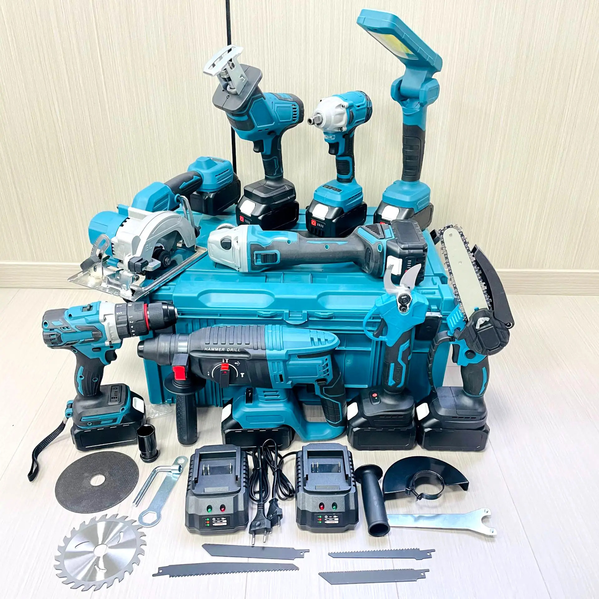

9pcs Battery Power Tool Kits Electric Hammer Drill Brushless Angle Grinder Cordless Wrench Portable Pruning Saw Combination Set