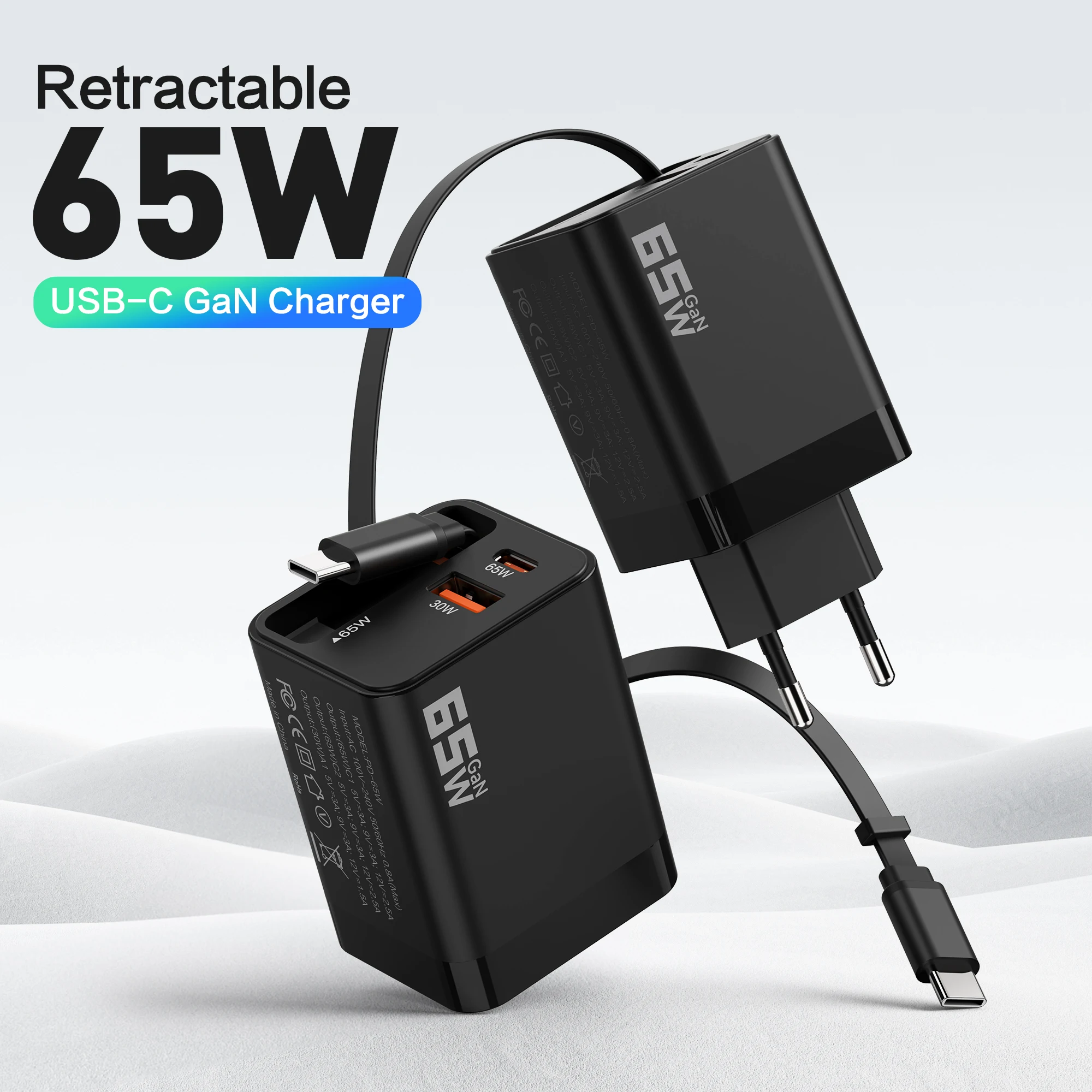 

GaN Charger PD65W Built-in Extendable USB-C Cable USB-C Port USB-A Port EU Plug Power Delivery 30W+35W Retractable Cord US Plug