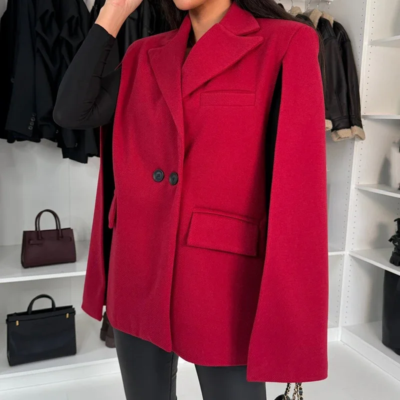 Office Fashion Lapel Collar Commuter Blazer Coat Women Causal Shawl Sleeve Solid Color Jackets Elegant Double Breasted Outerwear