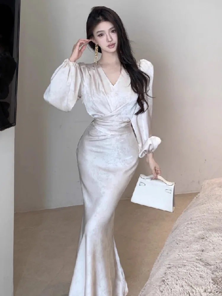 Topanoma Evening Dress Woman Sexy Elegant V Neck Long Sleeve Slim Temperament Wedding Party Cocktail Mermaid Dresses Banquet