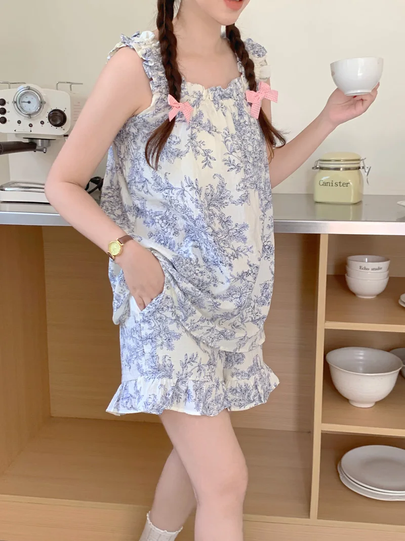 Floral Print Summer Pajamas Set Women Sleeveless Camis Tops + Shorts Cotton Casual Two Piece Home Suit Ruffles Sweet Vintage