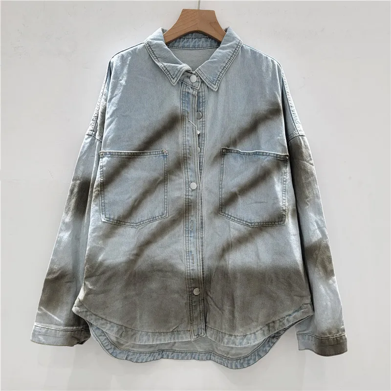 

SuperAen Autumn 2025 New Denim Shirts for Women Vintage Tie-dyed Washed Distressed Fashion Single Breasted Shirts