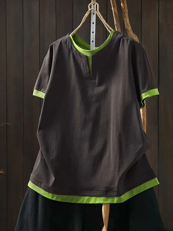 

plus Size 300 Pounds Casual Loose Short Sleeve T-Shirt Men's Summer Color Block Fake Two-Piece Slimming Fashionable Top