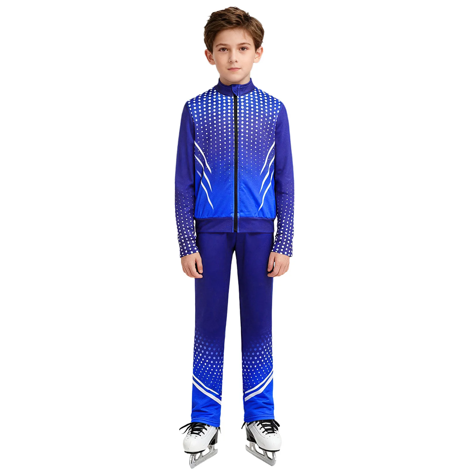 

Kids Boys Girls Figure Skating Dance Costume Long Sleeves Thumbholes Dots Zipper Jacket with Pants Ballet Lyrical Dancewear